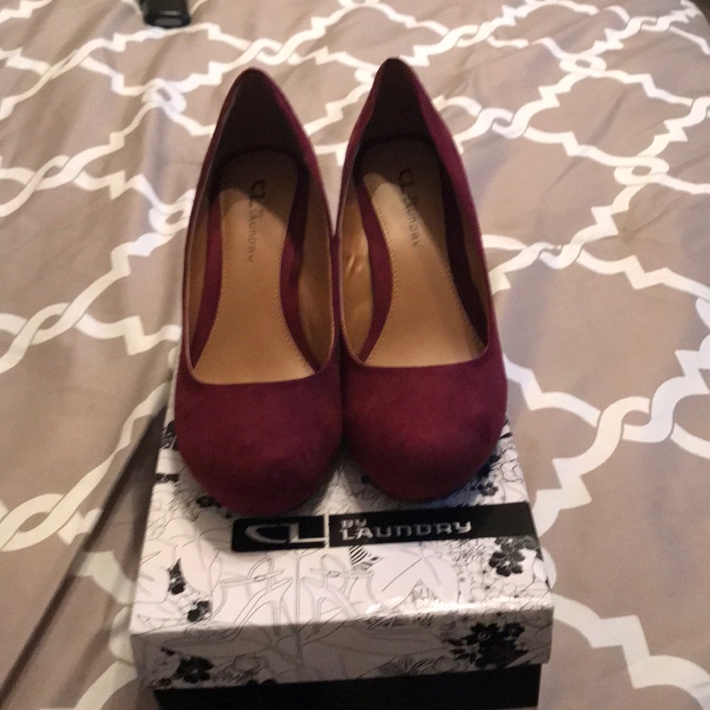 Burgundy Suede wedge heels.